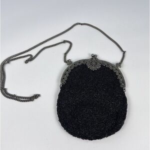 Vintage Christiana Black Beaded Evening Bag Metal Frame Purse Silk Lined Mirror
